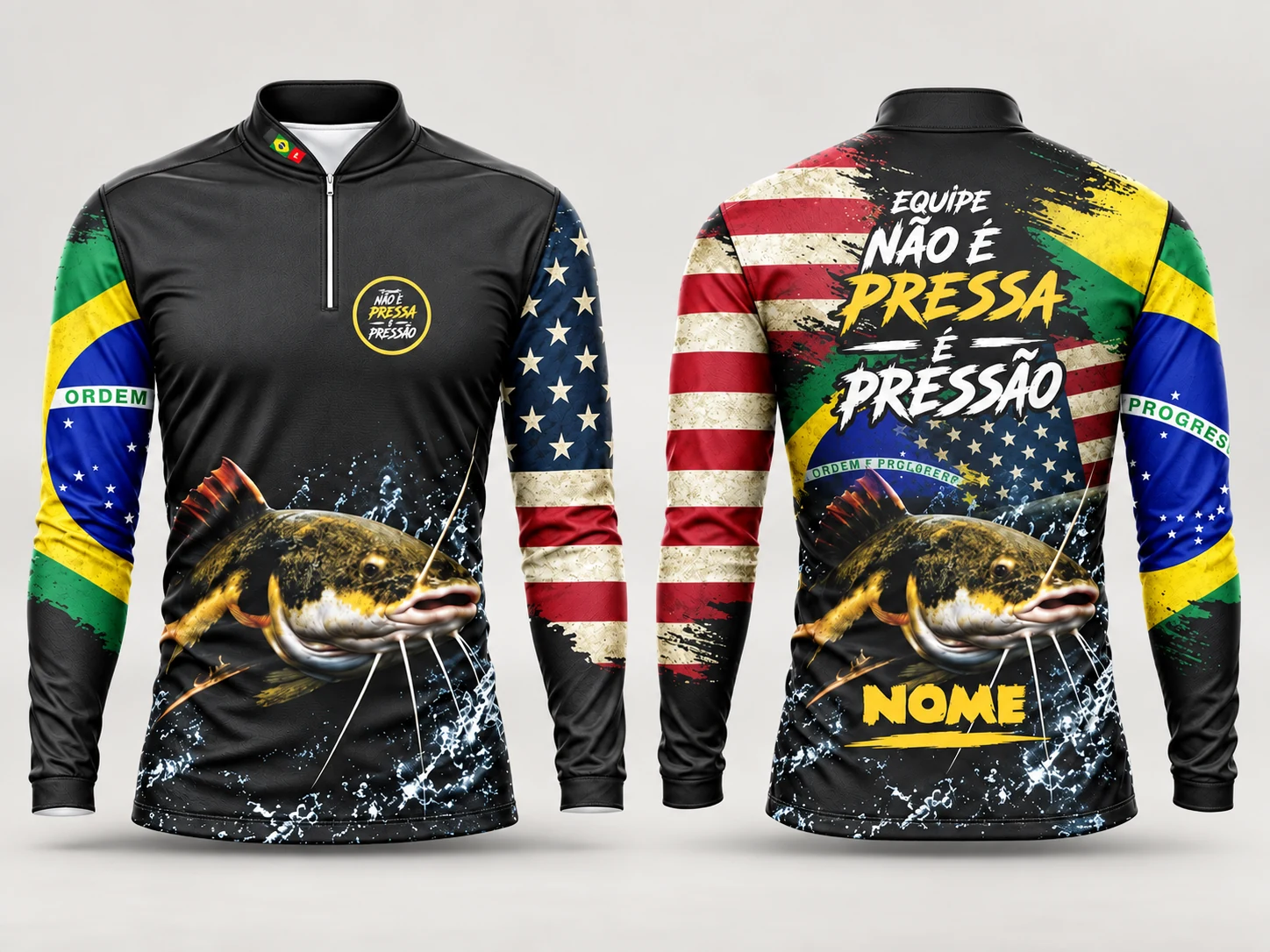 Mockup de referência: Camisa de pesca esportiva sublimada com estampa de peixe, bandeiras e nome personalizado nas costas
