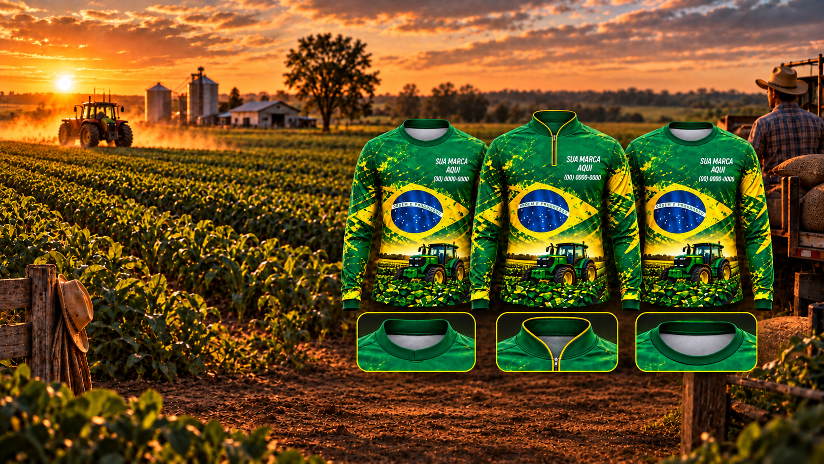 Imagem ilustrativa: três camisas de agro, com Gola Qualy, gola padre com zíper e gola redonda, e detalhes correspondentes das golas