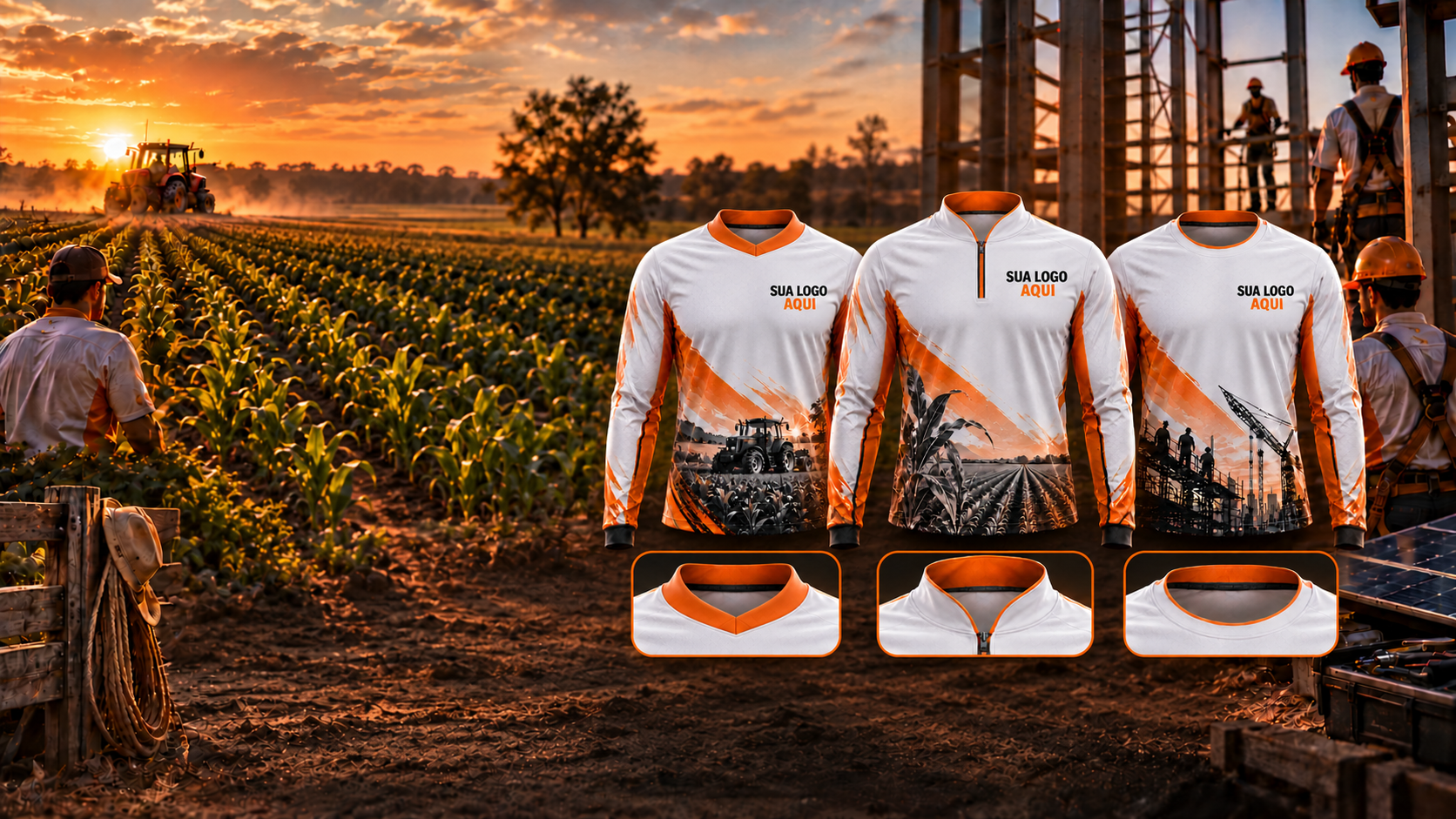 Imagem ilustrativa: três camisas de profissional, com Gola Qualy, gola padre com zíper e gola redonda, e detalhes correspondentes das golas