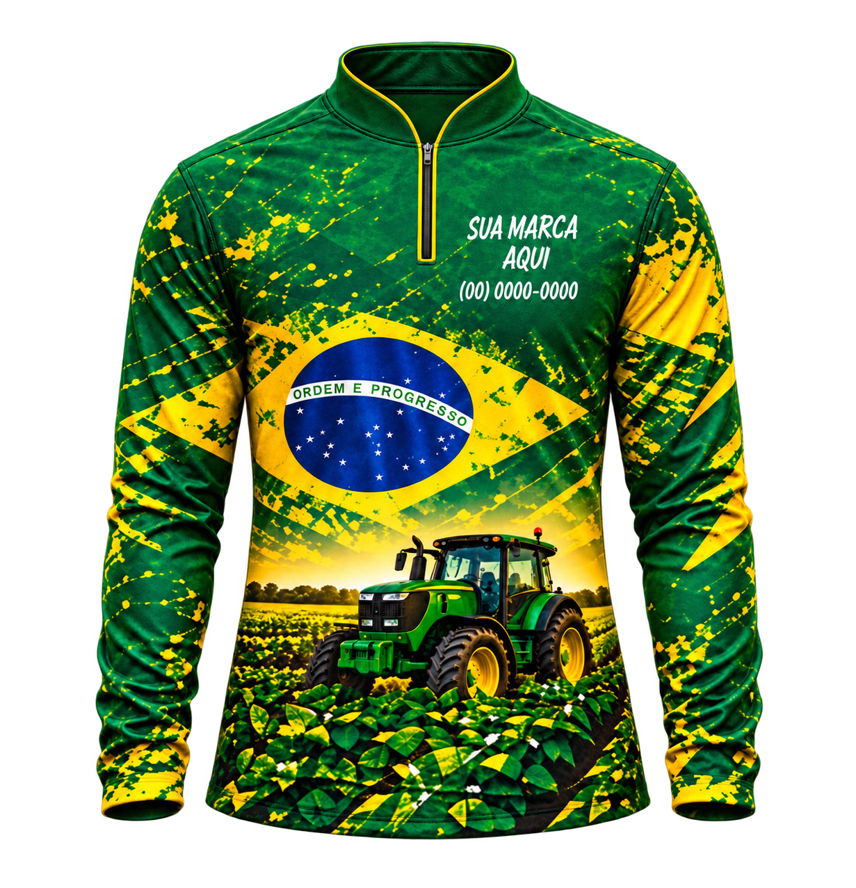Imagem fornecida: camisa agrícola verde e amarela com gola padre, zíper frontal e mangas tradicionais