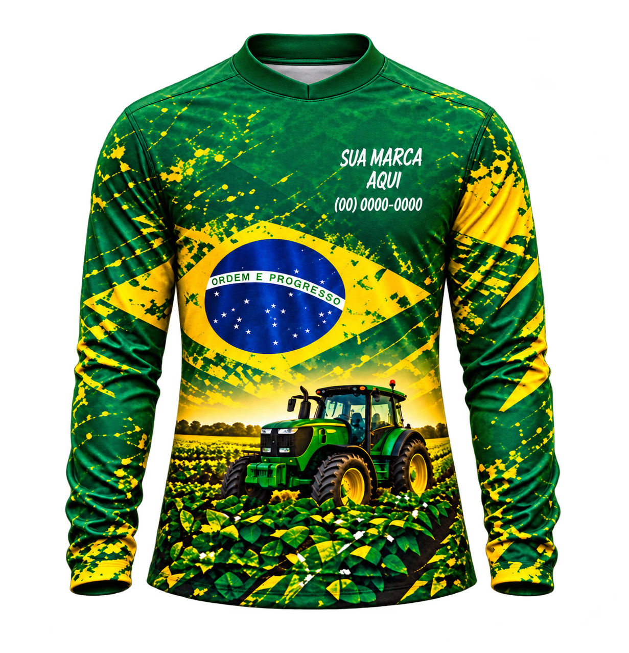 Imagem ilustrativa: camisa agrícola verde e amarela, manga longa e Gola Qualy com faixa baixa e união central conforme referência